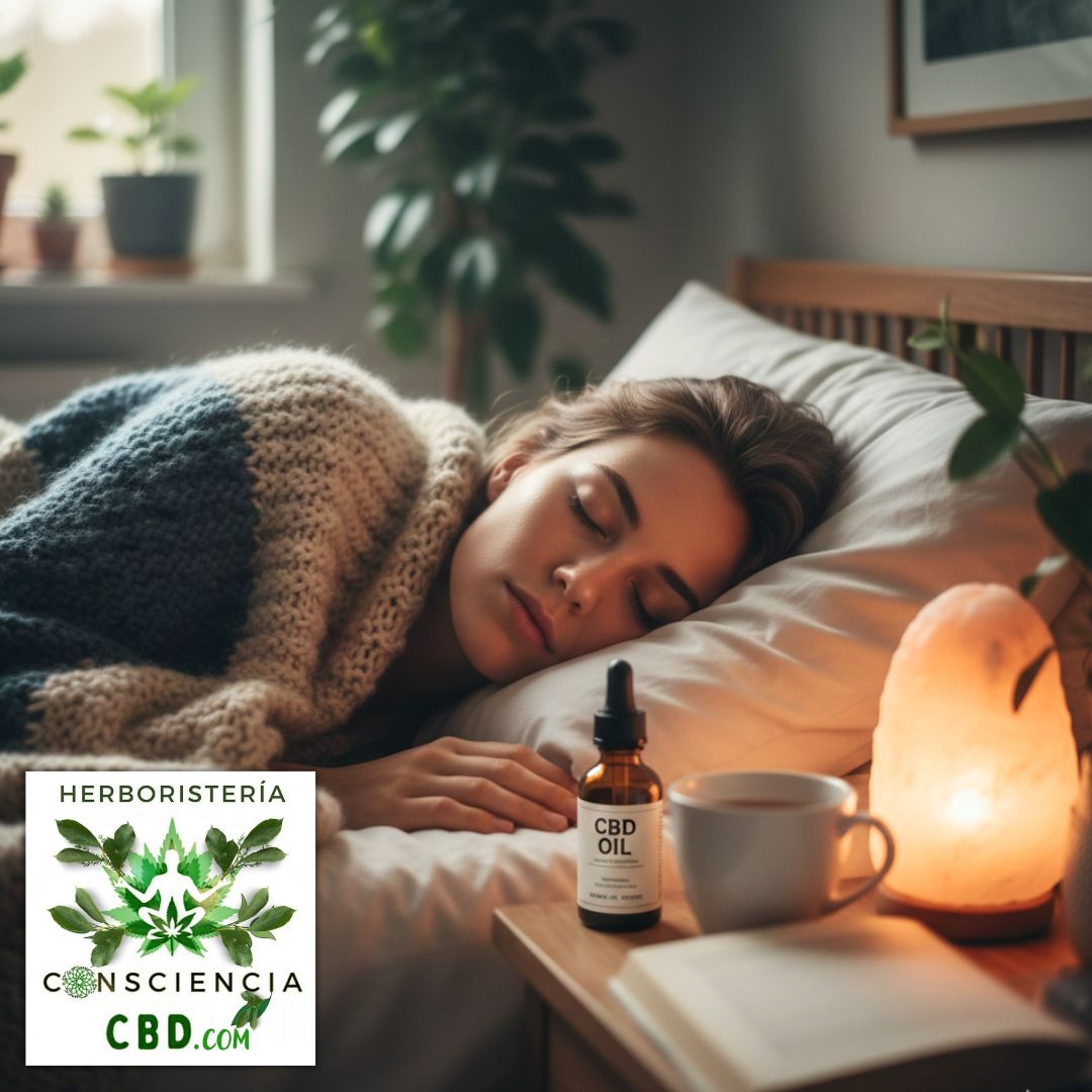 Mujer descansando con aceite de Consciencia CBD en la mesita de noche.