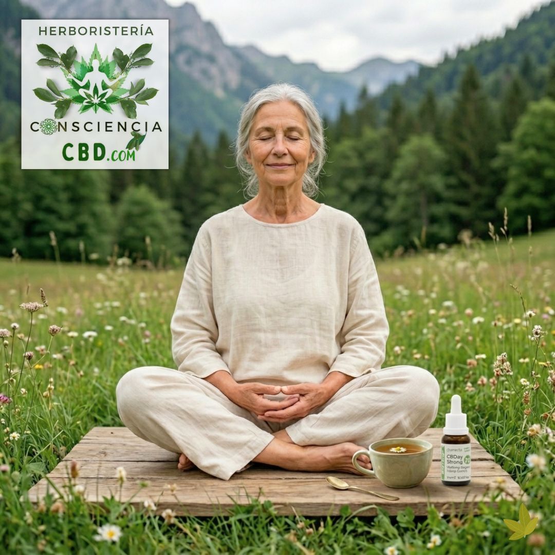 Mujer Meditando en un Entorno Natural de Calma con el Aceite CBD Zen de Primera Categoría.